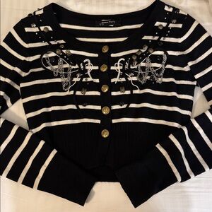 Stripped small Beaded and studded black and white cropped button down sweater